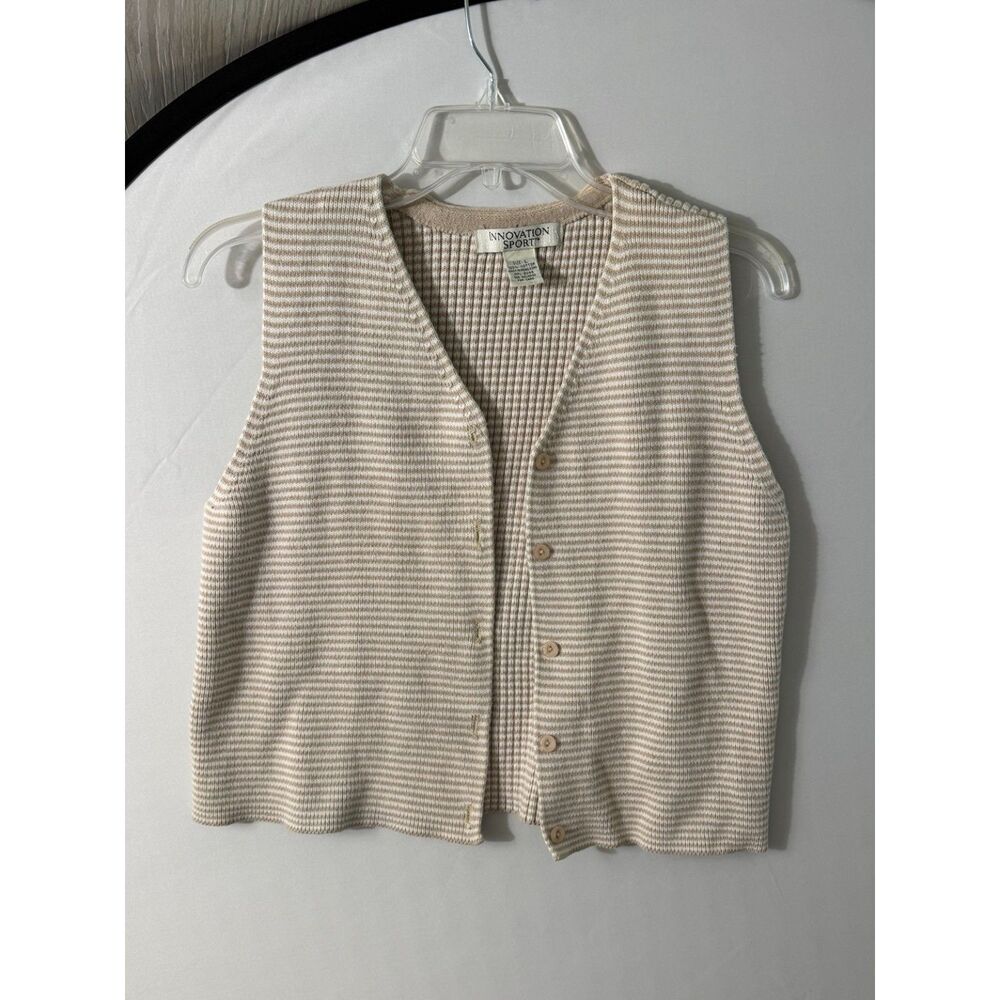 Vintage 90s Innovation Sport Cotton Sweater Vest L Beige Striped Button Front